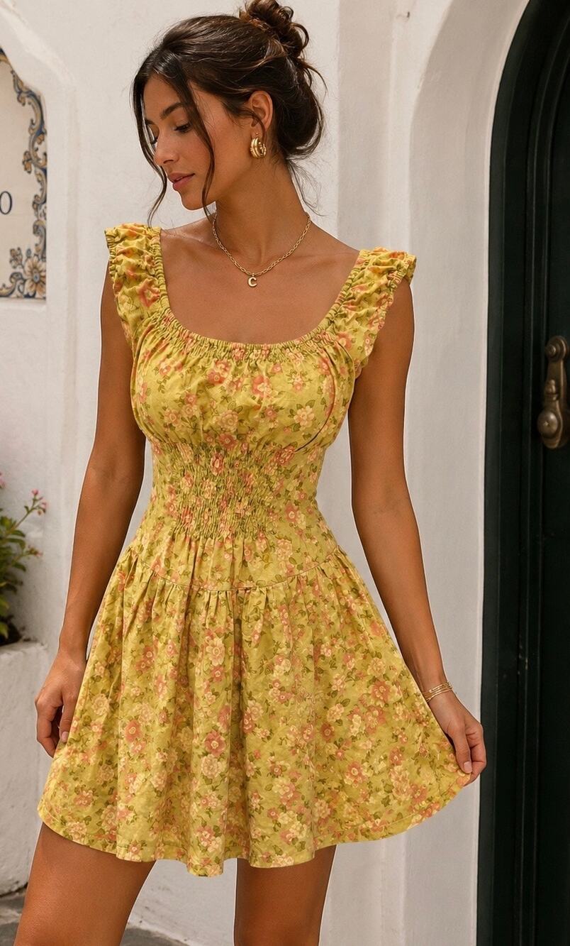 CB Positano Floral Smocked Cotton Mini Dress